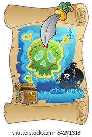 Old scroll with pirate map - vector illustration.