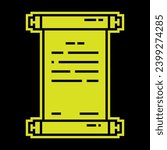Old scroll Pixel silhouette icon with antique paper. Papyrus paper rolled up. Medieval letters and pirate treasure maps. Simple black and yellow Vector