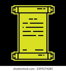 Old scroll Pixel silhouette icon with antique paper. Papyrus paper rolled up. Medieval letters and pirate treasure maps. Simple black and yellow Vector