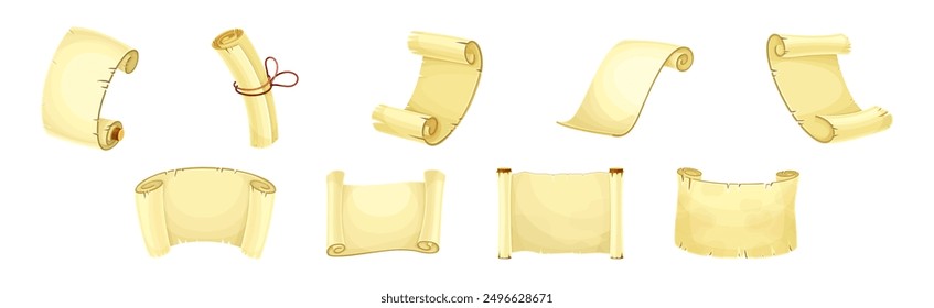 Old Scroll or Roll of Papyrus, Parchment or Paper Containing Writing Vector Set
