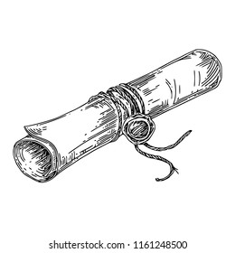 Old scroll with seal. Sketch. Engraving style. Vector illustration.