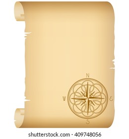 Old scroll with wind rose. The color of the wind rose - brown.
