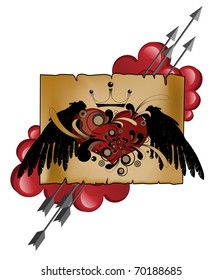 Old scroll with winged heart and arrows