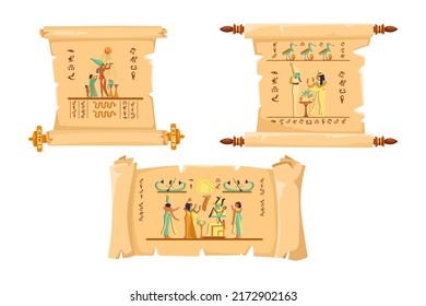 Old scrolls with Ancient Egypt history vector illustrations set. Papyrus or paper scrolls with pharaohs and hieroglyphs, Egyptian heritage on white background. Egyptology, history, mythology concept