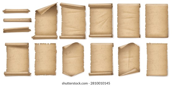 Old scrolls. Rolled and unrolled vintage papers with authentic aged texture. Antique parchments set with curled edges, soft folds and weathered details. Vector ancient manuscripts collection