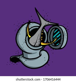 Old scuba helmet diver with yellow fin tuna tail. Sea life vector elements. Animal illustration isolated on purple background. Logo, emblem concept