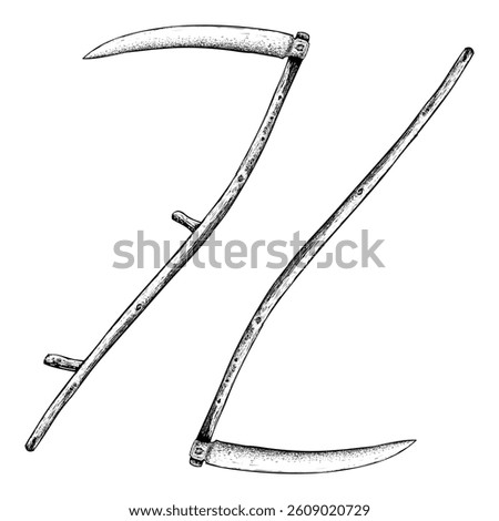 old scythes hand drawing vector isolated on white background.