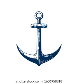 Old sea anchor hand drawn vector illustration. Traditional ship mooring device, Nautical vessel accessory isolated on white background. Vintage sailor tattoo idea. Yacht club logo design element.