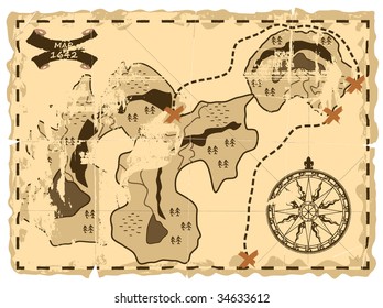 Old sea map of the island of treasures.