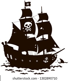 Old sea pirate sailing ship with Jolly Roger on its main mast in a tropical sea, black and white contour vector illustration in a cartoon style