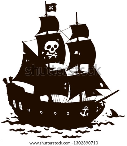 Old sea pirate sailing ship with Jolly Roger on its main mast in a tropical sea, black and white contour vector illustration in a cartoon style