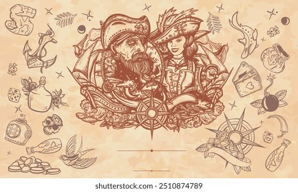 Old sea wolf, pirate girl and ships. Marine adventure . Old paper vector. Cover page template background. Medieval manuscript style. Symbol of ocean adventure, treasure island