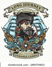 Old sea wolf pirate and ships. Marine adventure color t-shirt design. Symbol of ocean adventure, treasure island. Crime sailor man portrait. Tattoo style. Cartoon character 