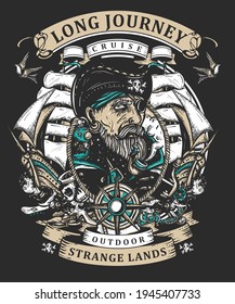 Old sea wolf pirate and ships. Marine adventure vintage t-shirt design. Tattoo style. Cartoon character. Symbol of ocean adventure, treasure island. Crime sailor man portrait 