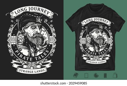 Old sea wolf pirate and ships. Marine adventure vintage t-shirt design. Tattoo style. Cartoon character. Creative print for clothes. Template for posters, textiles, apparels