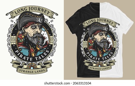 Old sea wolf pirate and ships. Marine adventure. Old school tattoo vector art. T-shirt design. Creative print for clothes. Template for posters, textiles, apparels. Cartoon character 