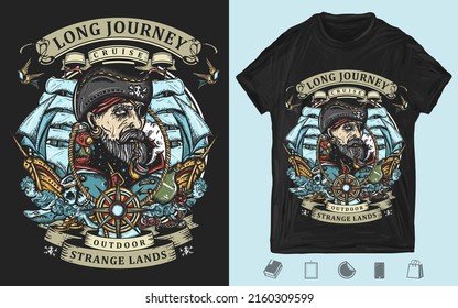 Old sea wolf pirate and ships. Marine adventure color t-shirt design. Crime sailor man portrait. Tattoo style. Cartoon character. Symbol of ocean adventure, treasure island