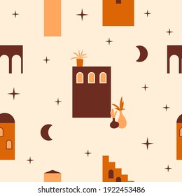 Old seaside city houses, arch and stares seamless pattern background. Town building symbol pattern background for design souvenir shop wrapping paper, fabric print, summer dress textile etc.