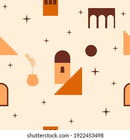 Old seaside city houses, arch and stares seamless pattern background. Town building symbol pattern background for design souvenir shop wrapping paper, fabric print, summer dress textile etc.