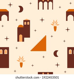 Old seaside city houses, arch and stares seamless pattern background. Town building symbol pattern background for design souvenir shop wrapping paper, fabric print, summer dress textile etc.