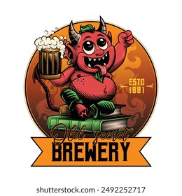 "Antigua Cervecería Secreta. ESTD 1881". Montaña rusa de la cerveza del diablo. Ilustración vectorial en la técnica de grabado del diablo rojo cornudo sosteniendo una cerveza. 