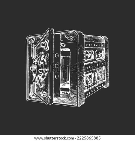 Old security metal safe, vintage hand drawn illustration in vector,  with empty space inside