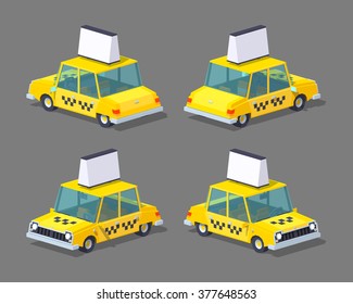 Old sedan taxi. 3D lowpoly isometric vector illustration. The set of objects isolated against the grey background and shown from different sides