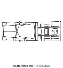 Viejo semi-camión con el vehículo de remolque más durmiente. tractor americano, vista superior. Ilustración del doodle vectorial