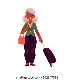 Old, senior African American woman with suitcase and handbag, cartoon illustration isolated on white background. Full length portrait of beautiful old black lady with luggage in airport