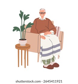 Old senior aged woman sitting in armchair. Elderly female with gray hair and glasses relaxing, resting on seat under warm plaid at home. Flat vector illustration isolated on white background