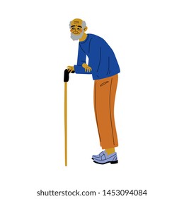 Old Senior Bearded Man Walking with Cane Vector Illustration