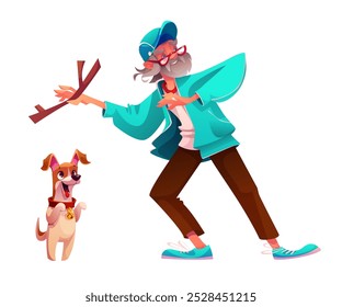 Old senior character play with dog in park vector. Happy grandpa with jump puppy fetch tree branch isolated cartoon design. Cheerful pet with elder owner person playing together and walking clipart