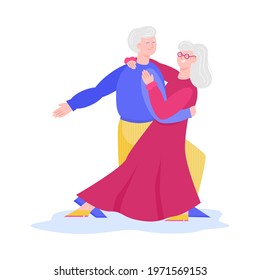 Old Senior Couple Dancing A Slow Dance Isolated On White Background - Happy Older Man And Woman Smiling And Moving Together. Flat Vector Illustration.