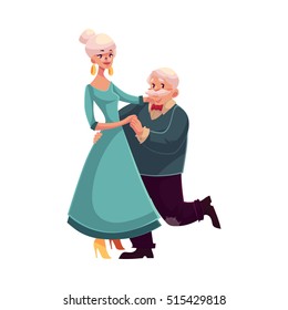 Old, Senior Couple Dancing Together, Cartoon Style Vector Illustration Isolated On White Background. Full Height Portrait Of Old Lady And Gentleman Dancing Romantically