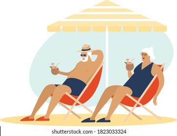 Old senior couple enjoying a coconut cocktail on the beach under parasol together. Carefree retirement, travel, tropical vacation, summer tourism concept. Flat vector character