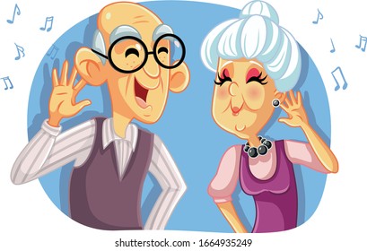 Old Senior Couple Listening to Music Vector Cartoon. Funny elderly husband and wife celebrating wedding anniversary
