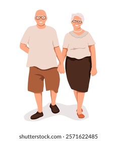 Old senior couple. Mature age couples walk around town. Lovers of older generations. Elder aged spouse, gray-haired husband and wife in glasses. Vector illustration