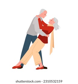 Old senior couple people dancing tango together vector illustration. Cartoon isolated man and woman dancing retro popular romantic dance, romance and leisure of grandma and grandpa on pension