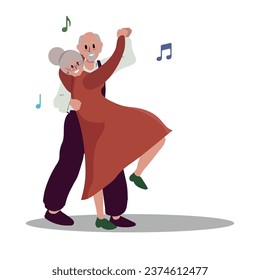 Old senior couple people dancing tango together. Flat Cartoon elder man and woman dancing retro dance. Leisure of grandma and grandpa on pension concept. Vector hand drawn illustration.