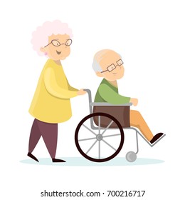 Old senior couple. Wife with husband on wheelchair.