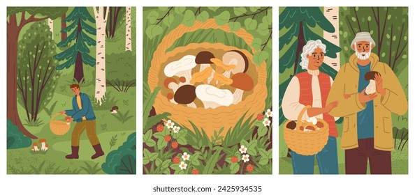 Old senior couple and young man picking mushroom scene set