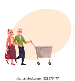 Old, senior, elder couple shopping together, cartoon vector illustration on background with place for text. Old couple pushing a cart, making shopping in the mall, consumerism concept