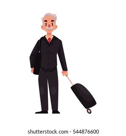 Old, senior, elder man in black suit with suitcase in airport, cartoon illustration isolated on white background. Full length portrait of old, senior man business traveler with luggage, suitcase
