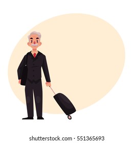 Old, senior, elder man in black suit with suitcase in airport, cartoon illustration on background with place for text. Full length portrait of old, senior man business traveler with luggage, suitcase