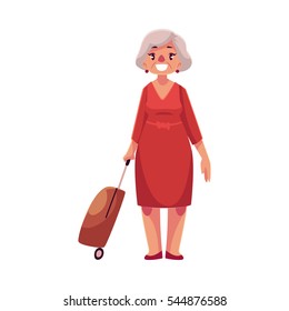 Old, senior, elder woman in red dress with suitcase in airport, cartoon illustration isolated on white background. Full length portrait of old lady, senior woman traveler with luggage, suitcase