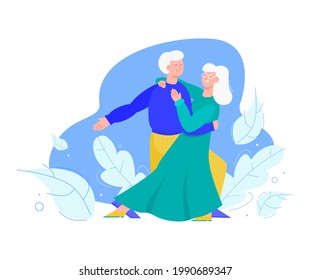 Old senior family couple dancing at decorative backdrop, cartoon vector illustration isolated on white background. Elderly active man and woman characters.