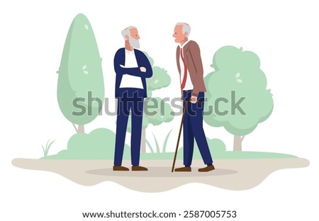 Old senior friends outdoors - Two retired men standing in public park or nature talking and smiling together enjoying fresh air and friendship at old age. Flat design vector illustration