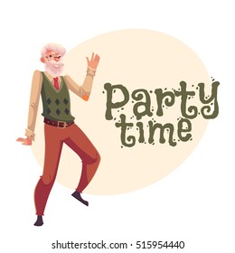 Old, senior, gray-haired man dancing happily, cartoon style invitation, banner, poster, greeting card design. Party invitation, advertisement, poster template with old man dancing happily