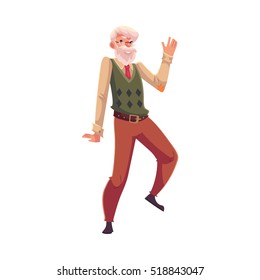Old, senior, gray-haired man dancing happily, cartoon style vector illustration isolated on white background. Full length portrait of old gentleman with white moustache and beard dancing