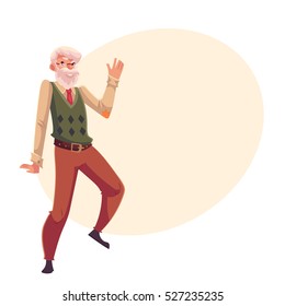 Old, senior, gray-haired man dancing happily, cartoon style vector illustration isolated on yellow background with place for text. Full length portrait of old gentleman ,moustache and beard dancing